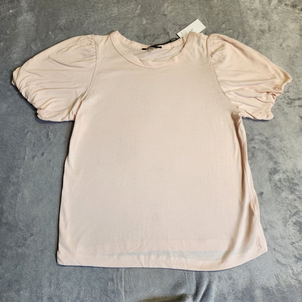 Tahari Pale Pink Cotton Puff Sleeve Crewneck Tee TH41105NR Womens XS